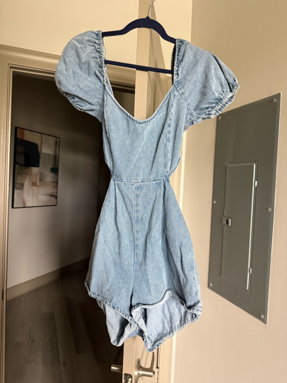 Blue Blush Light Blue Denim Romper with Puff Sleeves